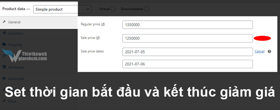 Đầu tiên là set thời gian bắt đầu và kết thúc chương trình giảm giá cho sản phẩm woo