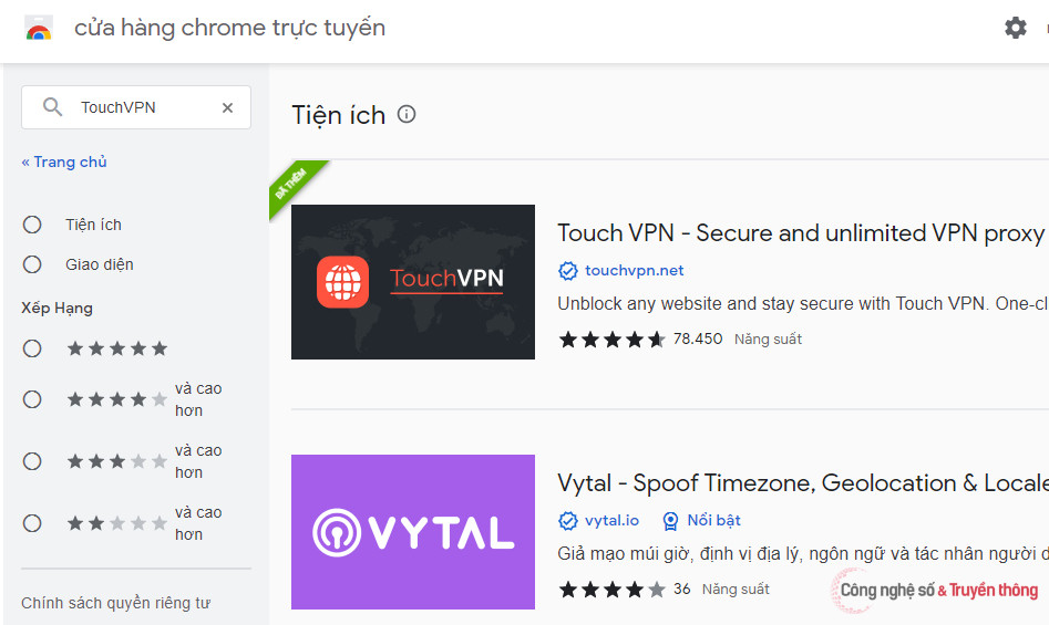 Tại ô Tìm kiếm trong cửa hàng, gõ TouchVPN, sau đó chọn tải về và cài đặt extension này. 
