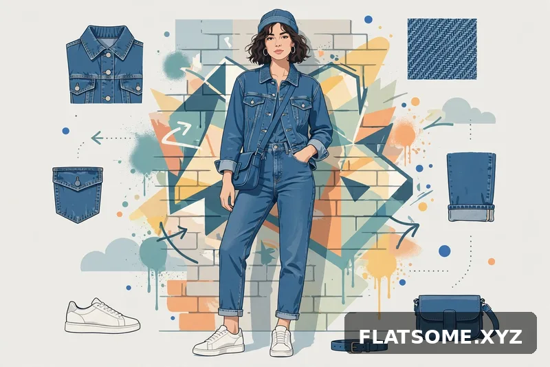 Minh họa outfit denim phong cách đường phố: áo khoác jeans, quần jeans, giày trắng và phụ kiện