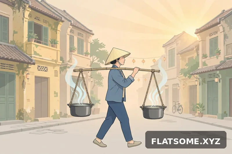 Prompt AI vẽ gánh phở rong trên phố cổ Hà Nội lúc bình minh