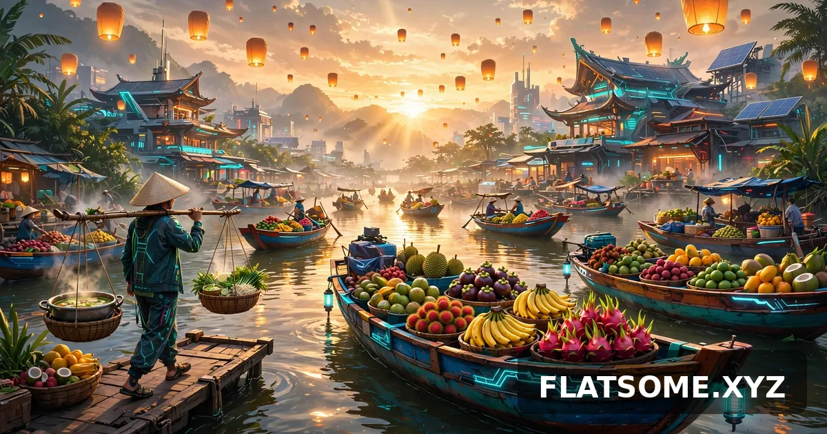Prompt AI vẽ chợ nổi Cái Răng, gánh phở rong, lễ hội đèn trời đời sống Việt Nam